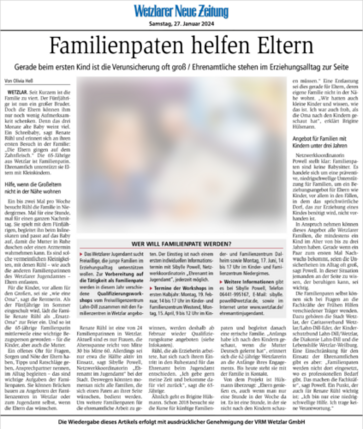 Screenshot Wetzlarer Neue Zeitung-Familienpaten helfen Eltern, 27.01.2024